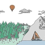 An illustration of a natural landscape with mountains, water and a forest.