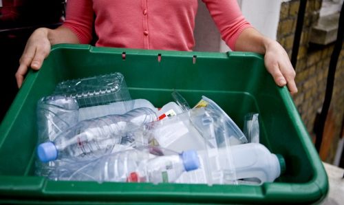 A green bin with empty plastic bottles